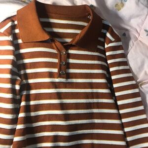 Brown and white strip long sleeve shirt, button up pearls